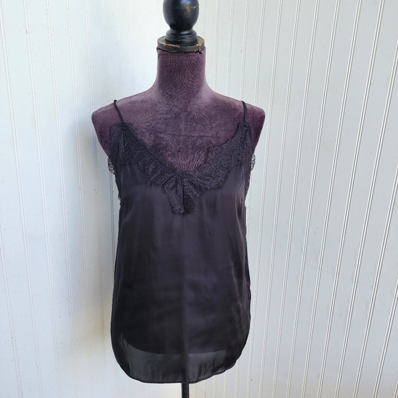 H&M Womens Lace Camisole Satin Silky Tank Top Shirt Black Sz 8 - Picture 1 of 9